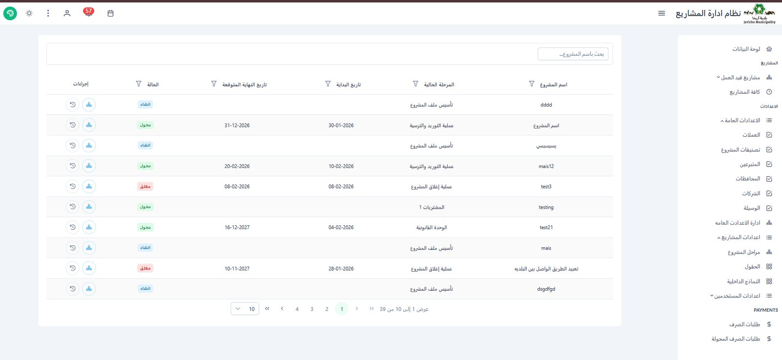 Projects in progress, each with its current stage, start and expected end dates and status.